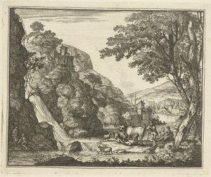 Hyrde med dyr ved et vandfald