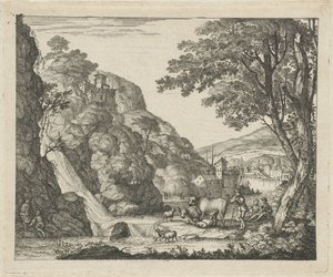 Hyrde med dyr ved et vandfald