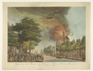 Brand i den nye lutherske kirke på Singel i Amsterdam, 18. september 1822 Udsigt over mærket af den lutherske nye kirke i Amsterdam (titel på objekt) af Gerard Overman