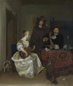 En kvinde, der spiller en Theorbo til to mænd, ca 1668