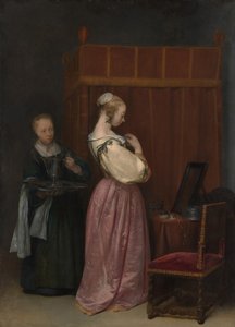 En ung kvinde ved sit toilet med en stuepige, ca. 1650-51.