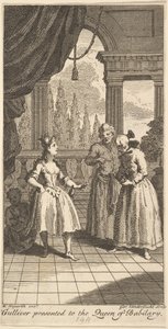 Gulliver præsenteret for dronningen af Babilary, frontispice til The Travels of Mr. ..., februar 1730. af Gerard Vandergucht