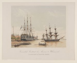 Corvette Z.M. Urania og linjeskib Z.M. Kortenaert Royal Institute of the Navy i Willemsoord og H.M. Instruktionsfartøj Urania (titel på objekt) af Gerard Voorduin