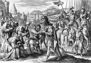 Saint Loup, biskop af Troyes får Attila (gravering)