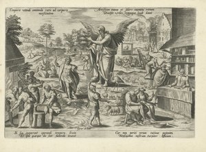 Fader Tid midt i scener med menneskelige erhverv og aktiviteter Temporis utendi commoda ratio ad corporis neceßitatem (...) (titel på objekt) Moralizing Allegories of Time (serietitel)