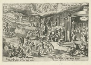 Fader Tid midt i scener med barmhjertighedsværker og kristne dyder Temporis utendi recta ratio, ad salutem proximi (...) (titel på objekt) Moralizing Allegories of Time (serietitel) af Gerard de Jode