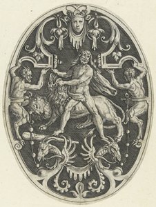 Overfladedekoration: Hercules og Nemean-løven Ovale overfladedekorationer med Herkules gerninger i grotesker (serietitel)
