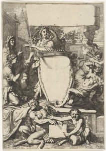 Cartouche omgivet af allegoriske figurer af Gerard de Lairesse