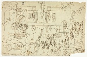 Kopier efter illustrationer af statuer og malerier (recto); mål til en mands skelet (verso) af Gerard de Lairesse