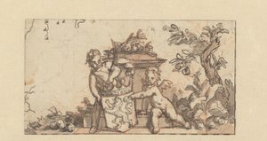 Design til en vignet med to putti med Hollands våbenskjold af Gerard de Lairesse