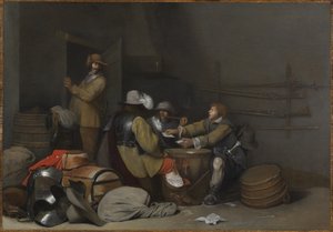 Vagtstueinteriør med soldater, der ryger og spiller kort af Gerard ter Borch