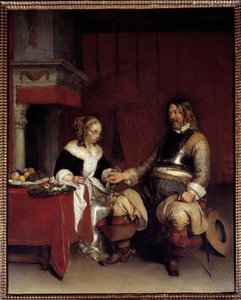 Den militære galant eller unge kvinde, som en mand tilbyder penge. Maleri af Gerard Ter Borch (1617-1681), hollandsk af Gerard ter Borch