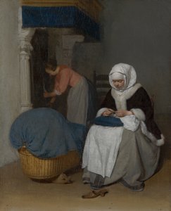 Kvinde, der syr ved siden af en vugge af Gerard ter Borch
