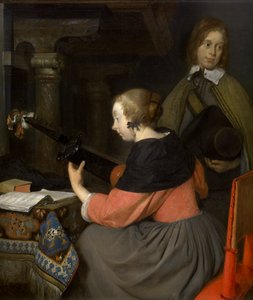 En lutspiller (olie på panel) af Gerard ter Borch or Terborch