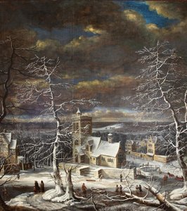En landsby om vinteren i et vidtstrakt landskab med figurer på isen (olie på lærred) af Gerard van Edema