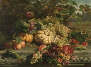 Stilleben med blomster og frugt