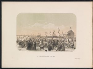 Skøjteløb på Maas i Rotterdam, 1855 Skøjtebanen på Maas (titel på objekt) Isunderholdningen på Maas i Rotterdam i februar 1855, med billedtekster (serietitel på objekt)