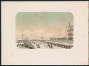 Race for hestevogne på Maas i Rotterdam, 1855 Udsigt over selevæddeløbet med heste- og gøglerslæde langs Willemskade (titel på objektet) Isunderholdningen på Maas i Rotterdam i februar 1855, med billedtekster (serietitel på objekt) af Gerardus Johannes Bos