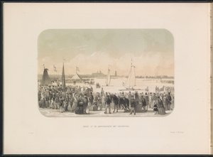 Konkurrence om issejlbåde på Maas i Rotterdam, 1855 Udsigt over hardsailing-festen med isbåde (titel på objekt) Isunderholdningen på Maas i Rotterdam i februar 1855, med billedtekster (serietitel på objekt) af Gerardus Johannes Bos