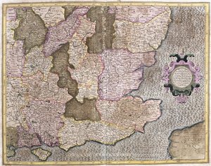 Sydøstlige region af England inklusive den britiske kanal og London (gravering af Gerardus Mercator