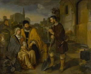 Markarbejderen fra Gibea tilbyder levitten og hans medhustru husly af Gerbrand van den Eeckhout