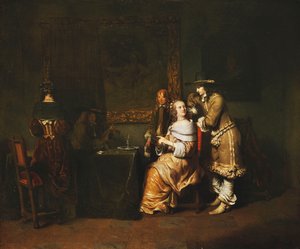 Elegante firmaspillekort i et interiør, ca. 1650