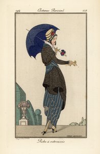 Kvinde i rynket kjole og frakke med hat og parasol af Gerda Marie Frederike Wegener