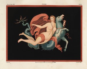En Nereid (havnymfe) i kappe og armbånd, der rider på et havmonster eller hippocampus, halv hest og halv fisk. Museo Naz. XXII, Stabiae. Tegnet og kromolitograferet af Victor Steeger fra Emile Presuhn (1844-1878) Pompejis smukkeste malerier,
