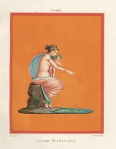 Vægmaleri af Venus og Amor, der fisker med stænger fra en dam. Fundet i Regio V.V.3, Gladiatorernes Hus. Kromolitografi af Victor Steeger efter en illustration af Geremia Discanno fra Emile Presuhn (1844-1878) De smukkeste malerier af Pompeji,