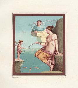 Vægmaleri af Venus og Amor, der fisker med stænger fra havet. Fundet i Regio VI.XIV.28, Taberna Lusoria. Kromolitografi af Victor Steeger efter en illustration af Geremia Discanno fra Emile Presuhn (1844-1878) De smukkeste malerier af Pompeji, Lei