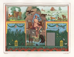 Vægmaleri af Orpheus med lyre fra viridarium (haven) i huset til Vesonius Primus, en fulder. Han er omgivet af dyr, herunder en løve, puma, vildsvin, kronhjort, kanin og blå flamingo. Kromolitografi af Victor Steeger efter illustration