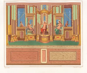 Vægmaleri, der viser Bacchus, Venus og Apollo fra et afsides siddende område i et hjørne af en have i Domus M. Herenulli Communis eller House of Apollo, Reg. VI, Ins. VII, nr. 23. Kromolitografi af Victor Steeger efter illustration af Geremia Discan