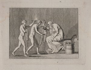 Allegori med tre ynglinge og en gammel mand i antik dragt.