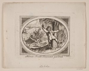 Amor ved et Palmetræ, pegende udover et oprørt hav. af Gerhard Ludvig Lahde