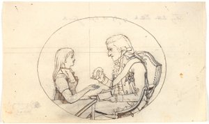 Arveprins Frederik med arveprinsen (Chr. VIII) viser et portræt af den afdøde arveprinsesse Sofie Frederikke af Gerhard Ludvig Lahde