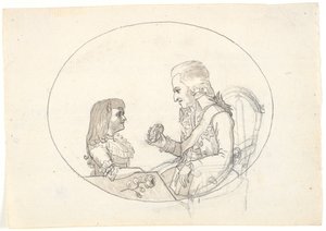 Arveprins Frederik med arveprinsen (Chr. VIII) viser et portræt af den afdøde arveprinsesse Sofie Frederikke af Gerhard Ludvig Lahde