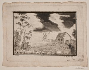 Landskab med hus og mølle af Gerhard Ludvig Lahde