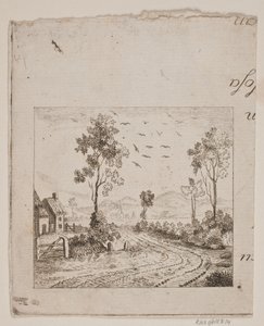 Landskab med hus ved vej med træ og flyvende fugle af Gerhard Ludvig Lahde