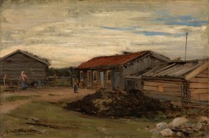 En gård med grå udhuse af Gerhard Munthe