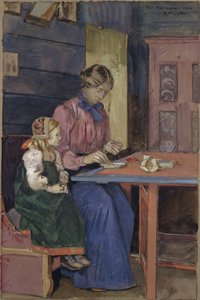 Ung pige fra Hallingdal lærer at tråde perler af Gerhard Peter Frantz Vilhelm Munthe