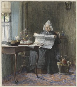 Interiør med en kvinde, der læser avisen af Gerke Henkes