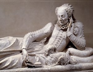 Begravelsesmonument: Grav med smag af Jeanne Valentine Balbiani (1518-1572), hustru til kardinal Rene de Birague (1506-1583), Frankrigs kansler. Detalje. Marmorskulptur af Germain Pilon (1535 - 1590), omkring 1573. Paris, Musee Du Louvre