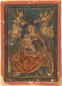 Madonna og barn sidder på en græsklædt bred med engle af German 15th Century