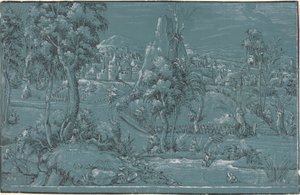 Landskab med mænd, der fisker af German 16th Century