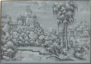 Landskab med et slot af German 16th Century