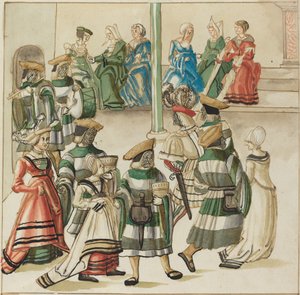 Tre dansende par ledet af to riddere i værelse med søjle af German 16th Century