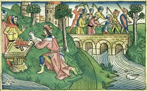 2 Kongebog 16 9-16 Folket i Damaskus bliver taget til fange, fra Nürnbergbibelen (Biblia Sacra Germanaica) (farvet træsnit) af German School