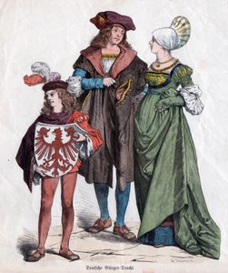 En borgerlig familie. Tyske dragter fra det 16. århundrede fra "Munchener Bilderbogen", Tyskland, ca. 1880 (gravering) af German School