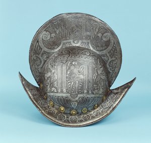 En kammorion, ætset med kerubhoveder, sfinxer og bevingede heste, centrum med en pseudo-klassisk kriger i moderne rustning med sværd og skjold af German School