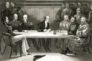 En konference i Chusan mellem Commodore Bremer og Chang, en kinesisk embedsmand, om bord på HMS Wellesley, 4. juli 1841 af German School
